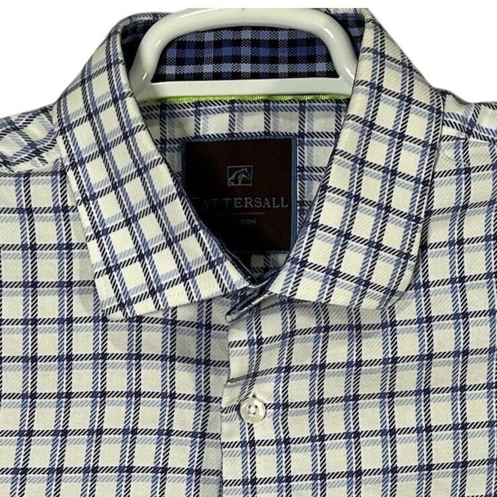 Tattersall London Dress Shirt Mens Large 17 34/35 Blue White‎ Plaid Button EUC